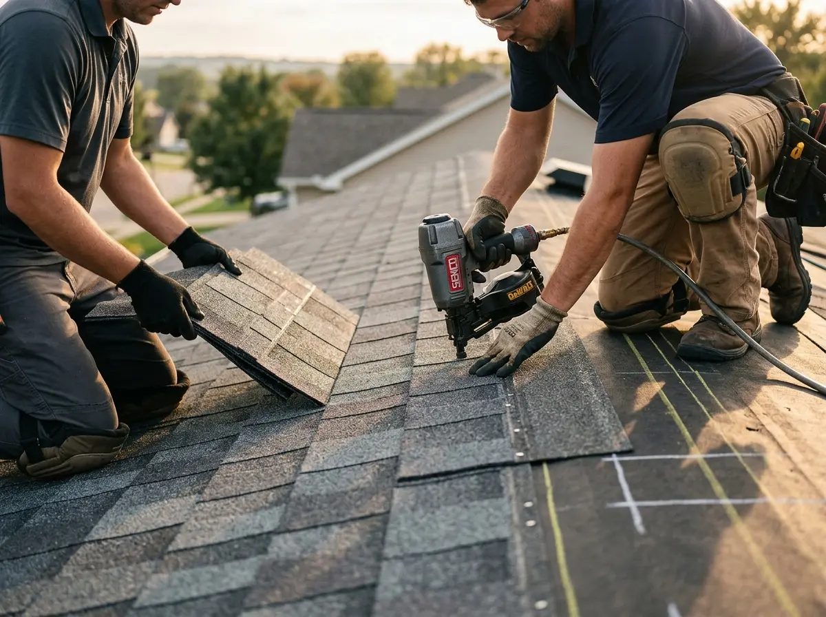 Professional roofer working on a residential roof in Linthicum